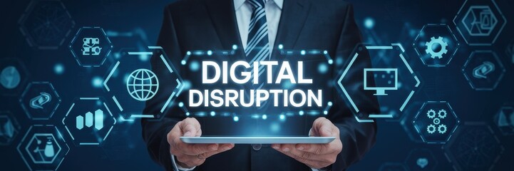 Naklejka premium Man holding a tablet displaying the words digital disruption