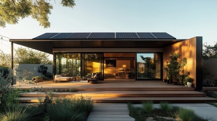 Sustainability at Home A sleek, modern solar panel system, seamlessly integrated into a minimalist home is exterior, harnessed the clean power of the sun to provide sustainable energy.