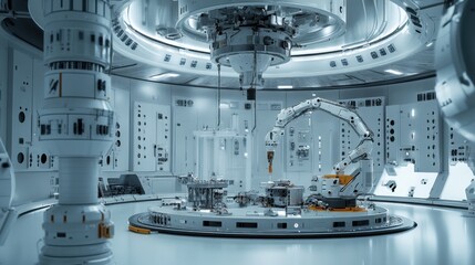 Satellite assembly in a high-tech aerospace facility. Featuring robotic arms and space components