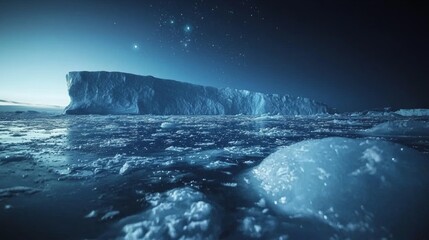 A large iceberg stands majestically in the Arctic, illuminated by the faint celestial glow. Calm waters reflect the night sky filled with stars, creating a serene atmosphere