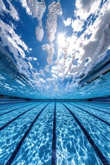 Underwater View of Swimming Pool with Blue Water and Sky Reflecting on the Surface