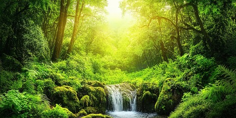 Vibrant Green Forest with Clear Sky and Flowing Stream