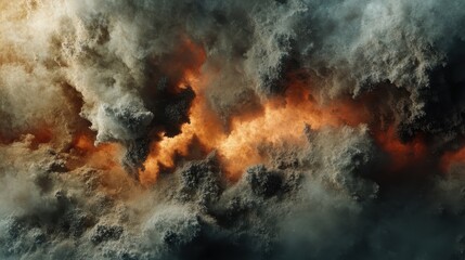 Abstract fiery cloudscape textured with ash and smoke