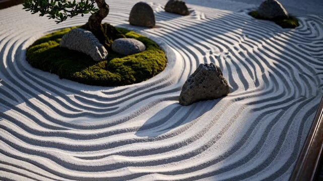 Zen garden with raked sand patterns, rocks, and moss, captured from a low angle. The video evokes tranquility and mindfulness.