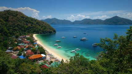 Tropical Island Beach Scene Boats And Lush Green Mountains