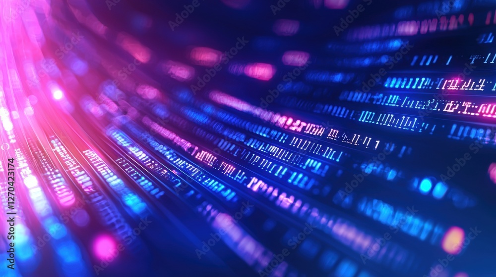 Poster a vibrant representation of digital data flowing through a network, showcasing binary code illuminat