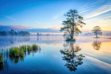Fototapeta premium Serene dawn mist shrouds tranquil lake, reflecting majestic trees in still waters, creating a picturesque and peaceful scene of nature's beauty.