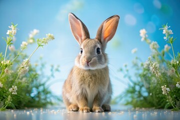 Obraz premium A charming young bunny rabbit sits serenely amidst a vibrant spring meadow, surrounded by delicate wildflowers, enjoying the gentle warmth of a sunny day.