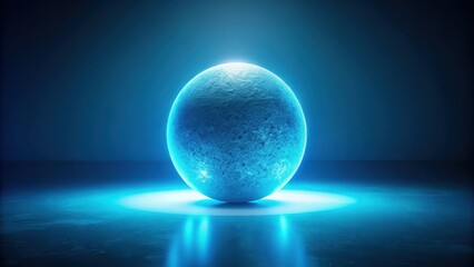 Obraz premium A luminous sphere rests on a reflective surface, bathed in an ethereal blue glow, creating a captivating scene of serene cosmic energy.