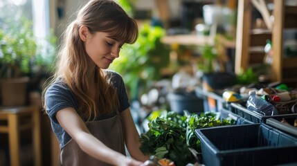 Sustainability at Home A young woman, her hair cascading around her shoulders like a waterfall of sunlight, meticulously sorted her recyclable trash into designated bins, a testament to her