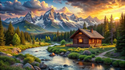 Naklejka premium Escape to secluded log cabins nestled in breathtaking mountain scenery.