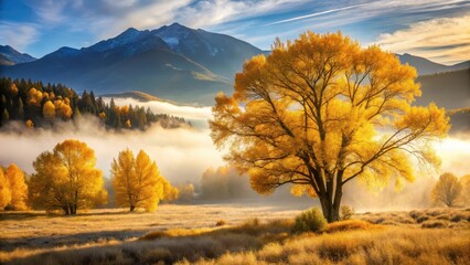 Fototapeta premium Golden Autumn Sunrise in a Misty Mountain Valley with Vibrant Yellow Trees