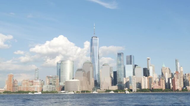 New York City waterfront skyline, Manhattan Downtown Financial district, World Trade Center building, riverfront skyscrapers. From Paulus Hook, New Jersey. United States architecture. Hudson river.