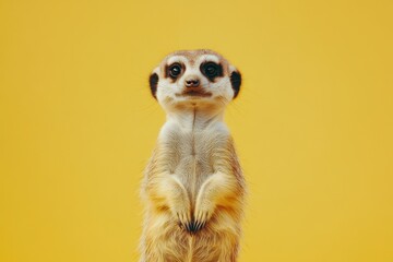 Adorable meerkat standing on yellow background. Perfect for websites, blogs, or social media needing a cute, attention-grabbing image.