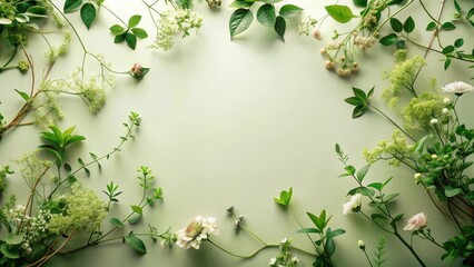 Fototapeta premium Serene Botanical Frame Delicate White Blooms and Lush Greenery Arranged on a Pale Green Background, Ideal for Elegant Invitations or Peaceful Announcements