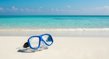 Blue diving mask lies on a white sand beach with turquoise water in the background, inviting to snorkeling and exploring underwater world.