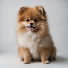Fototapeta premium A fluffy Pomeranian puppy sitting on a white background, looking cute.