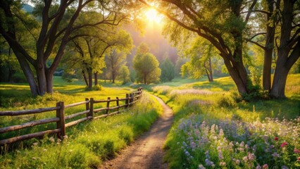 Serene Sunset Stroll Along a Rustic Fence-Lined Path Through a Vibrant Meadow