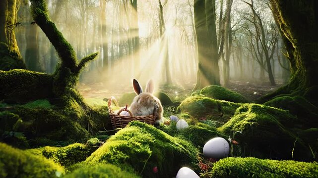 Fr&ouml;hliches Osterfest &ndash; S&uuml;&szlig;es Kaninchen mit bunten Ostereiern und Fr&uuml;hlingsblumen im Sonnenlicht