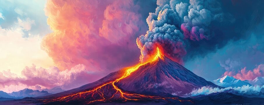 Volcanic landscapes idea. A breathtaking view of an erupting volcano surrounded by colorful ash clouds and lava.