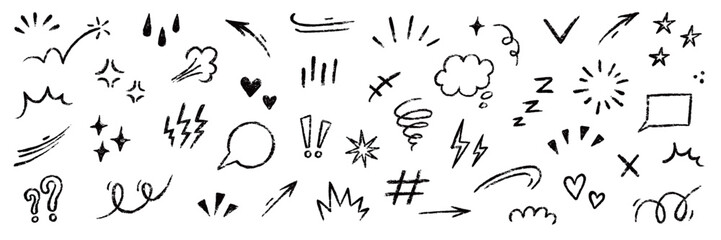 Line movement element hand drawn chalk effect decoration shape. Hand drawn cute doodle line element arrow, emphasis, shock, sparkle. Motion cartoon movement chalk icon. Vector illustration