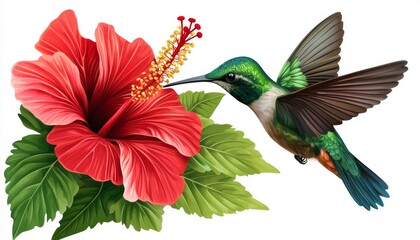 Vibrant Hummingbird Approaching Bright Red Hibiscus Flower with Lush Green Leaves in Tropical Environment