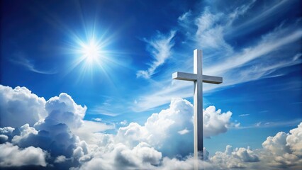 A radiant sun shines brightly above a majestic white cross, standing tall amidst a breathtaking expanse of fluffy clouds and a vibrant blue sky.