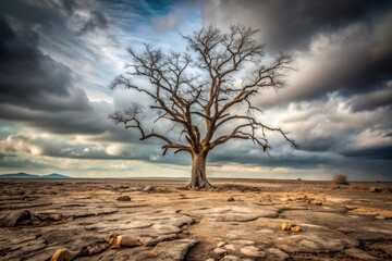 A solitary, leafless tree stands resilient amidst a barren, cracked landscape under a dramatic, stormy sky.