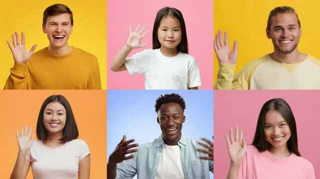 A diverse collection of individuals, including children and adults, wave hello with cheerful expressions.
