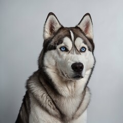 Fototapeta premium A Siberian husky with blue eyes, standing confidently on a white background.