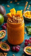 A rich orange smoothie in a mason jar, beautifully topped with granola and a drizzle of honey. Fresh fruit slices such as papaya, grapes, and passion fruit surround the glass, set against an