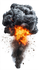 black smoke and orange flames explosion dramatic isolated on white background