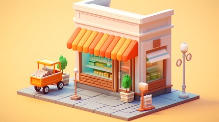 Minimal Isometric Digital Storefront with Shopping Cart for Online Shopping Concept  3D of E commerce Retail and Digital Marketplace Platform