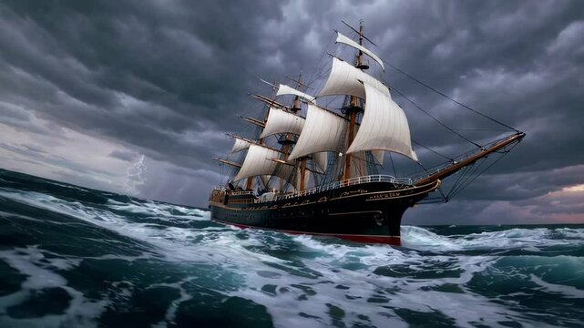 Medieval Sailboat floating in the stormy ocean. Discovery concept