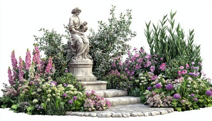 Obraz premium Graceful statue of a mother and child surrounded by vibrant flowers and lush greenery in a serene garden setting