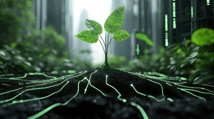 A futuristic plant with glowing roots in a hightech environment.