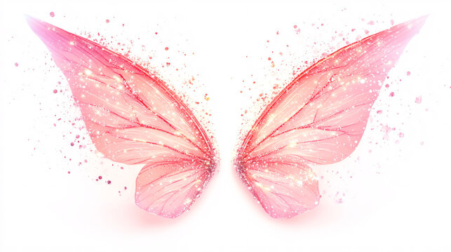 sparkling pink fairy wings with golden glitter isolated on white background