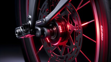 Fototapeta premium Close up detailed view of a shiny metallic disc brake rotor with light reflecting off its intricate circular patterns and textured surface