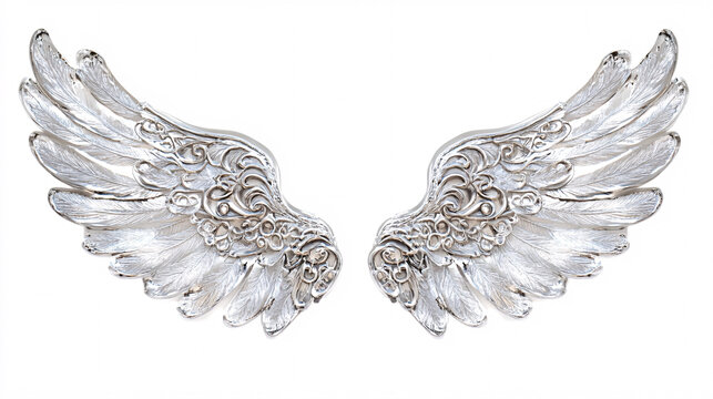 silver angel wings isolated on white background for decorative design elements