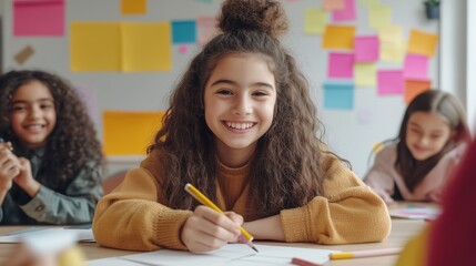 Classroom Creativity: A heartwarming scene unfolds as children engage in drawing and learning within a vibrant classroom environment, capturing the essence of education and artistic expression.