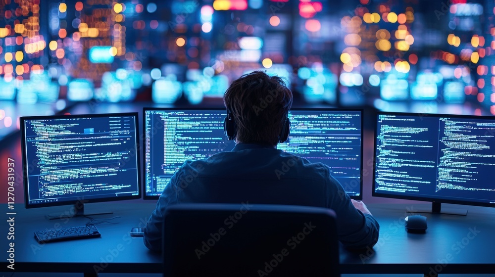 Poster a person is seated in front of multiple monitors displaying code in a dimly lit room filled with col