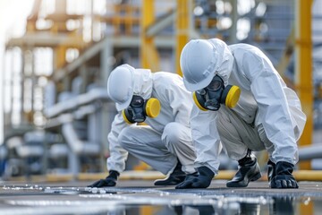 Two hazmat workers in protective suits inspect a spill at an industrial site.