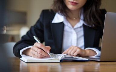 Woman taking notes in a notebook beside her laptop