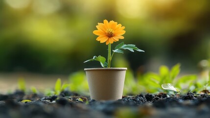 Fototapeta premium Sustainability at Home A used paper coffee cup, given new life, now cradles a vibrant flower, symbolizing the transformative power of recycling and the beauty that can be found in unexpected places,