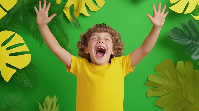 Joyful Celebration Amidst Tropical Foliage: A young child beams with unrestrained delight, arms raised high, immersed in a vibrant setting of artificial tropical foliage.