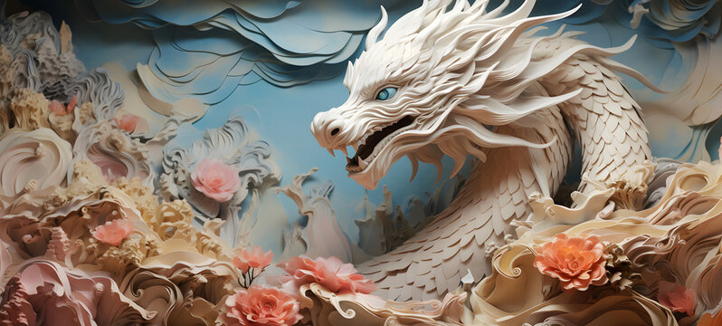A miniature dragon cloud world model was created using delicate origami techniques to create a three-dimensional effect