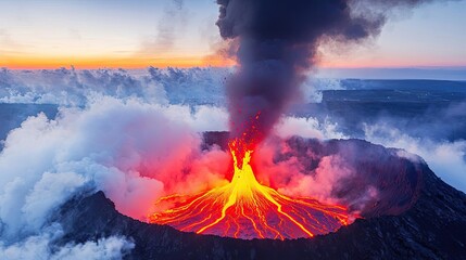 Volcanic landscapes concept. A dramatic eruption showcasing fiery lava and dark smoke against a scenic sunset.