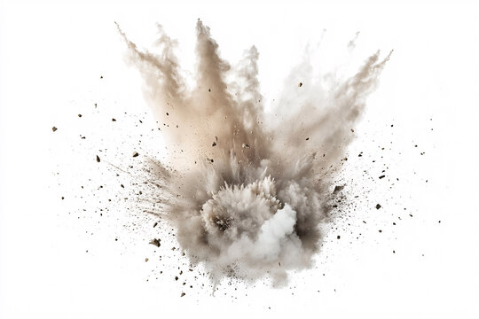 dust explosion isolated on white background  large smoke and debris cloud from powerful explosion  stock photo