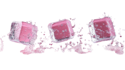 Sweet Temptation in Pink: Captivating image of pink ice cubes, suspended mid-air with delicate water droplets, offer a visually refreshing experience.
