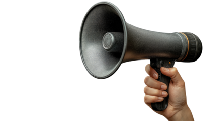Megaphone Announcement: A person's hand firmly grips a sleek, modern megaphone, ready to amplify a message, idea, or announcement, symbolizing communication and broadcasting.